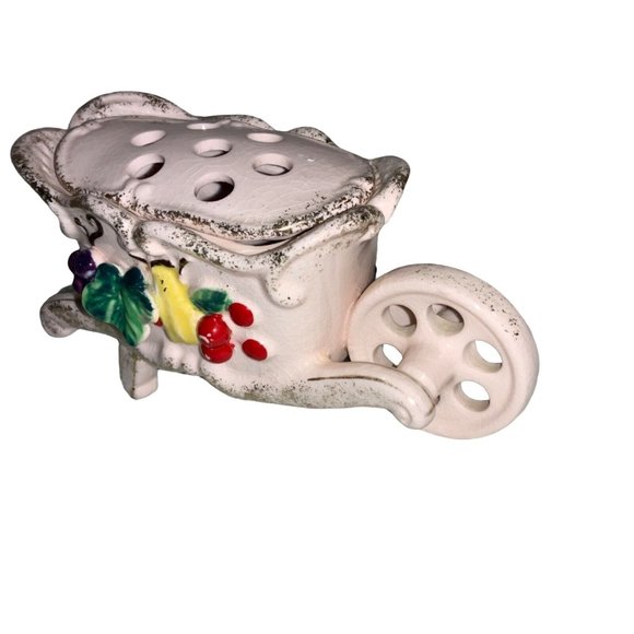 Pink WHEELBARROW Flower Frog Gold colored Trim -fruit on sides - Picture 3 of 10